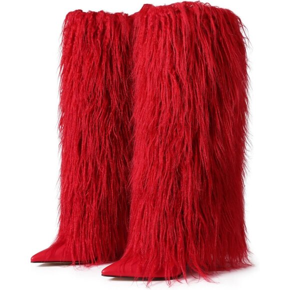 Women's B-Red Fur Knee High Heels Wide Calf Fold Over Fashion Boots Shoes - Picture 4 of 6